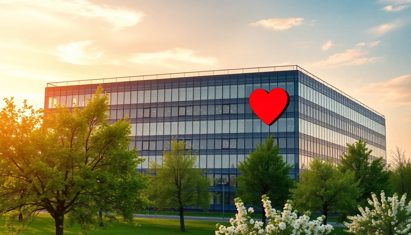 Erneuerte Gebäudefassade mit Herz-Design für Gebäude mit Herz in Münster.