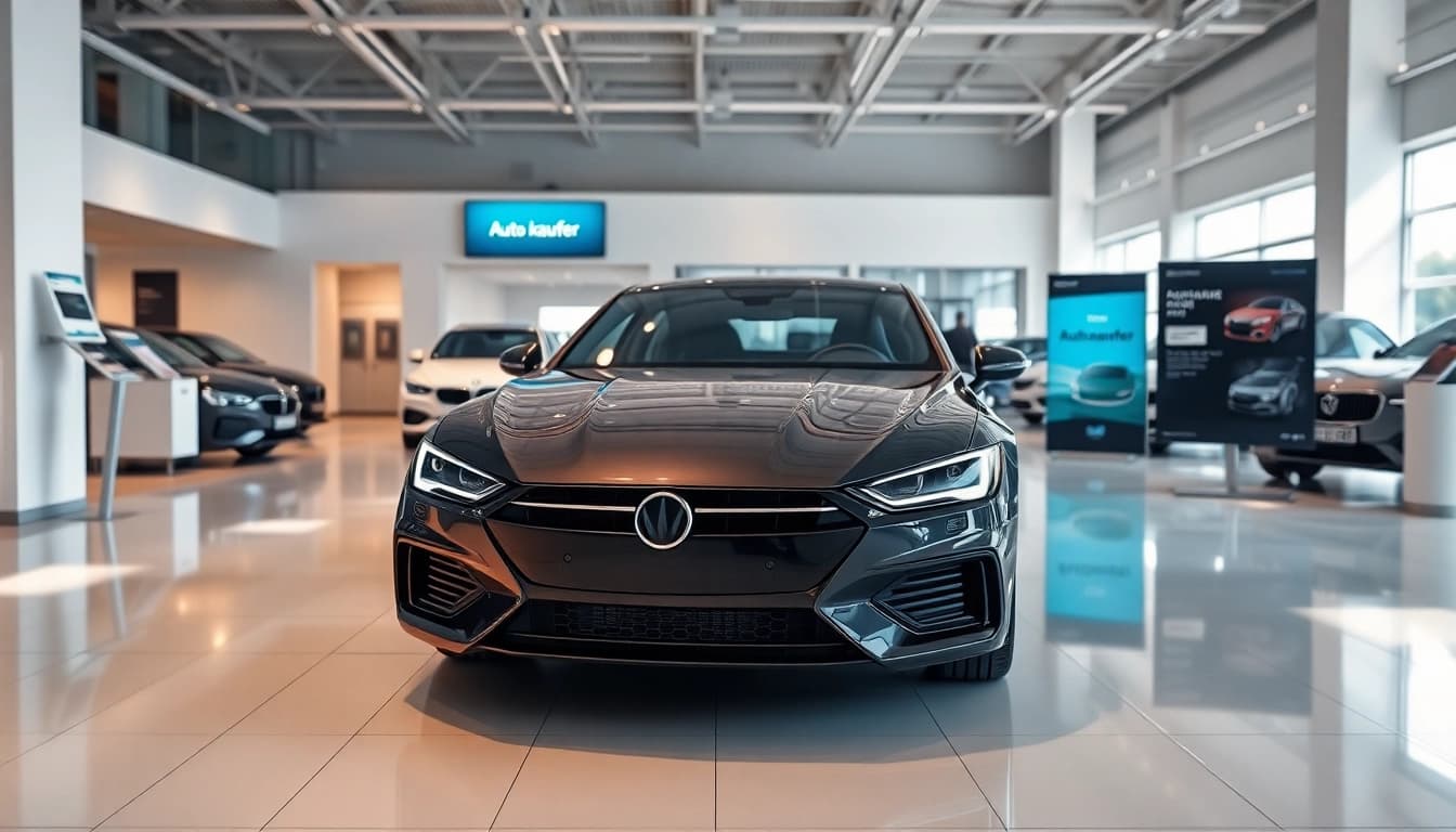 Auto kaufen in einem modernen Autodealership mit einem eleganten Fahrzeug im Vordergrund.