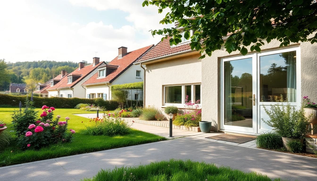 Traumhaus zum Hauskauf in einem idyllischen deutschen Vorort mit blühendem Garten.