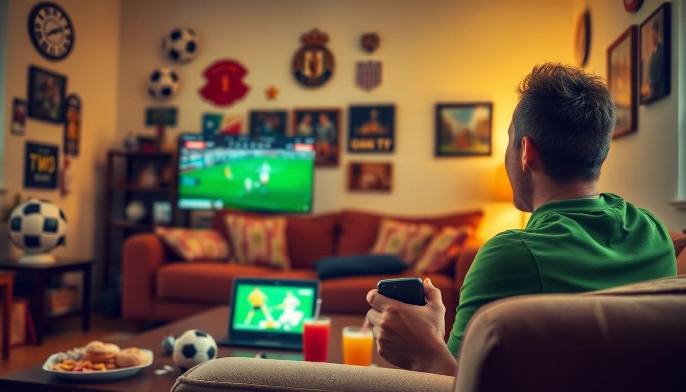 Experience excitement with a soccer fan celebrating a goal while watching live on https://okwintv.zone/.
