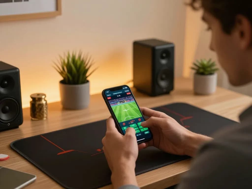 Player engaging with MMOO mobile app for live sports betting in a modern home office