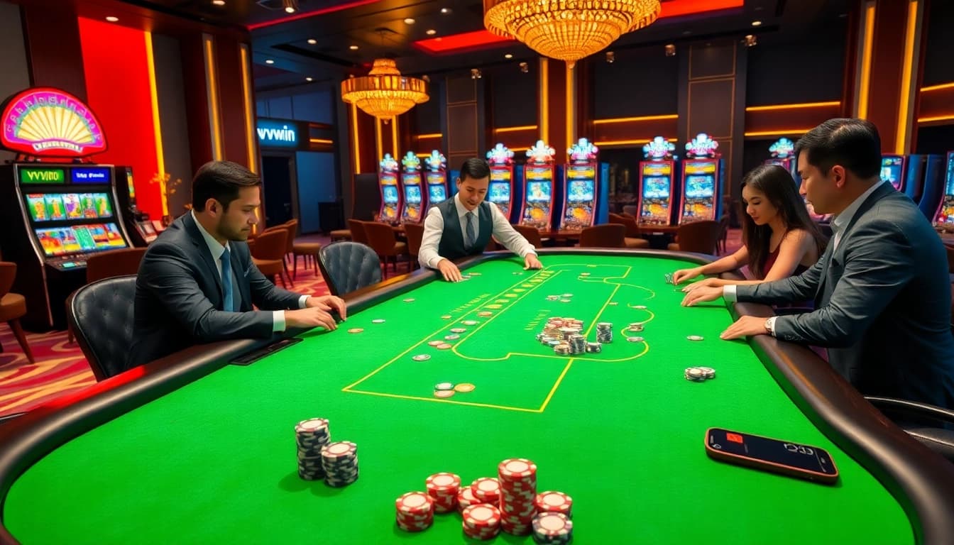 Experience the excitement of vvvwin with a vibrant poker scene set in a luxurious casino atmosphere.