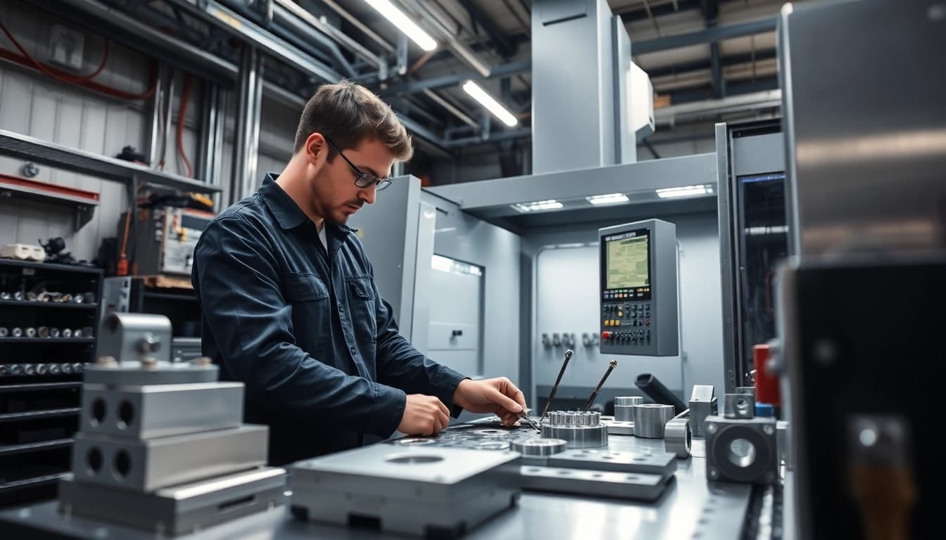 CNC Frästeile fertigen lassen in einer modernen Fertigungsumgebung mit präziser Maschinenbedienung.