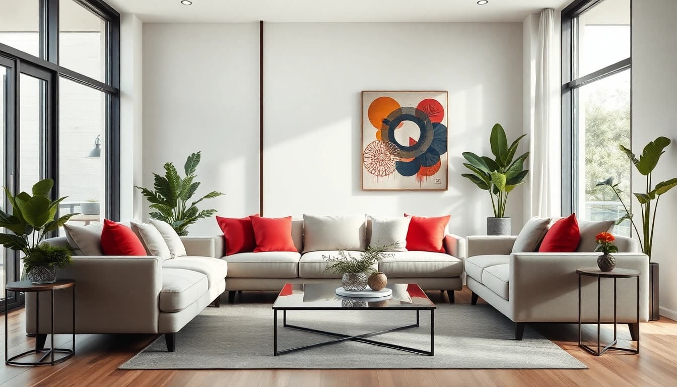 An inspiring living room designed by Haus of Design, showcasing modern minimalism with artistic decor and vibrant accents.