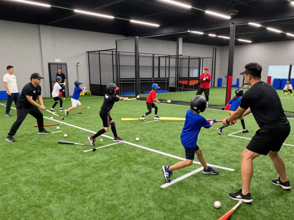 Hitclub baseball training session with young athletes practicing batting and teamwork.