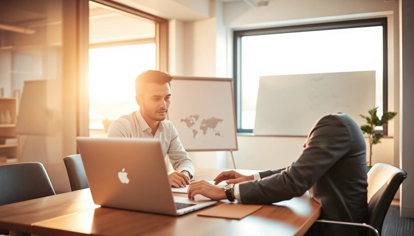 Headhunter Gelsenkirchen berät engagiert einen Bewerber am Tisch im modernen Büro.