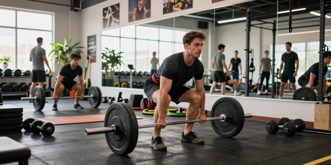 Starker Athlet, der Gewichte im Steroidshop-Fitnessstudio hebt und Stärke demonstriert.
