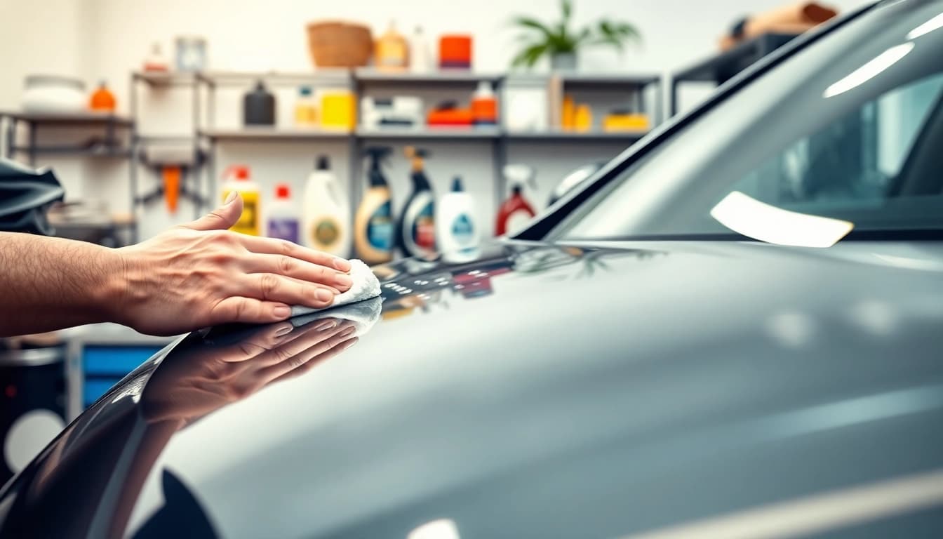 Fahrzeugaufbereitung mit glänzendem Auto und präziser Detailarbeit des Technikers
