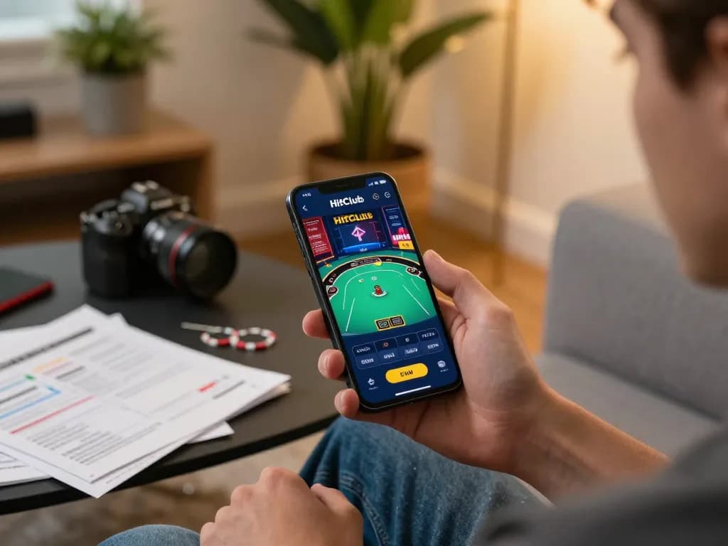 Player engaging in online gaming with the Hitclub app on their smartphone in a cozy living room