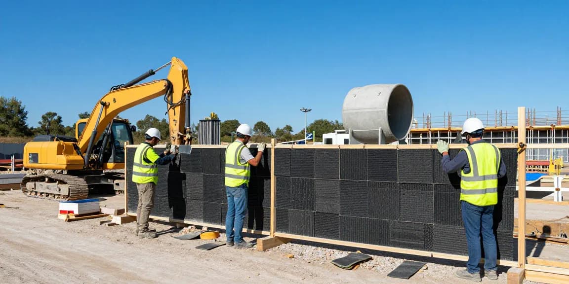 Effektiver Lärmschutz für Bauzäune mieten Baustelle mit Schallschutzmatten und Bauarbeitern.
