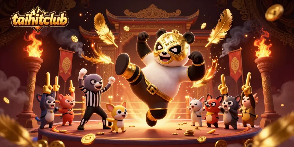 Experience the excitement at taihitclub with a lively scene of a panda wrestler in action, cheering animal fans, and vibrant casino elements.