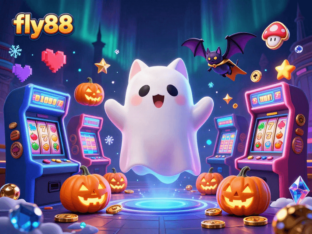 Experience excitement at fly88 with a ghost cat and bat in a haunted casino setting.