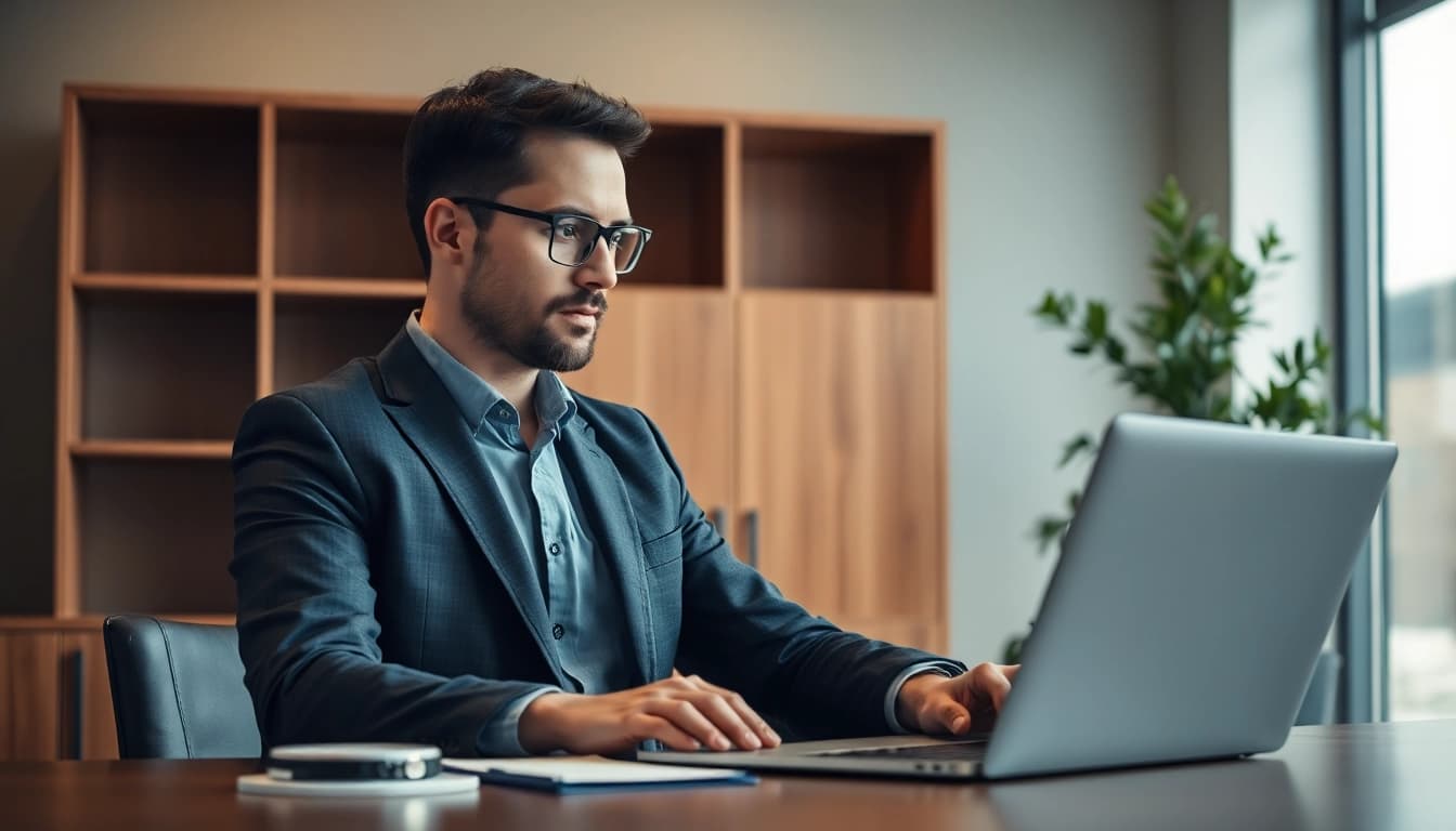 Headhunter Sales bei der Arbeit in einem modernen Büro mit Laptop und Notizen.