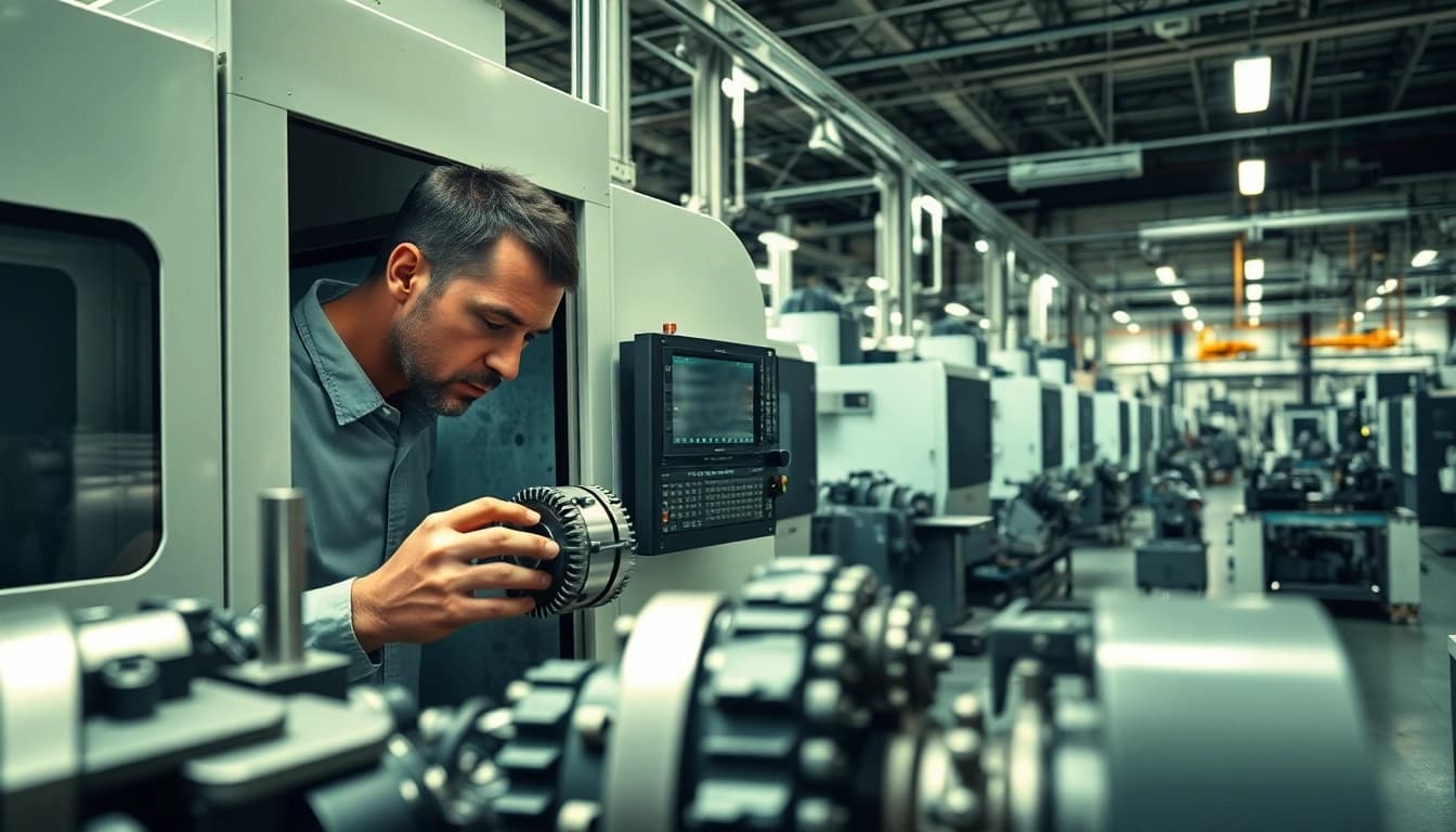 Aktuelle Nachrichten aus der CNC Branche, Maschinenbediener inspiziert hochwertigen CNC-Teil in moderner Fabrik.