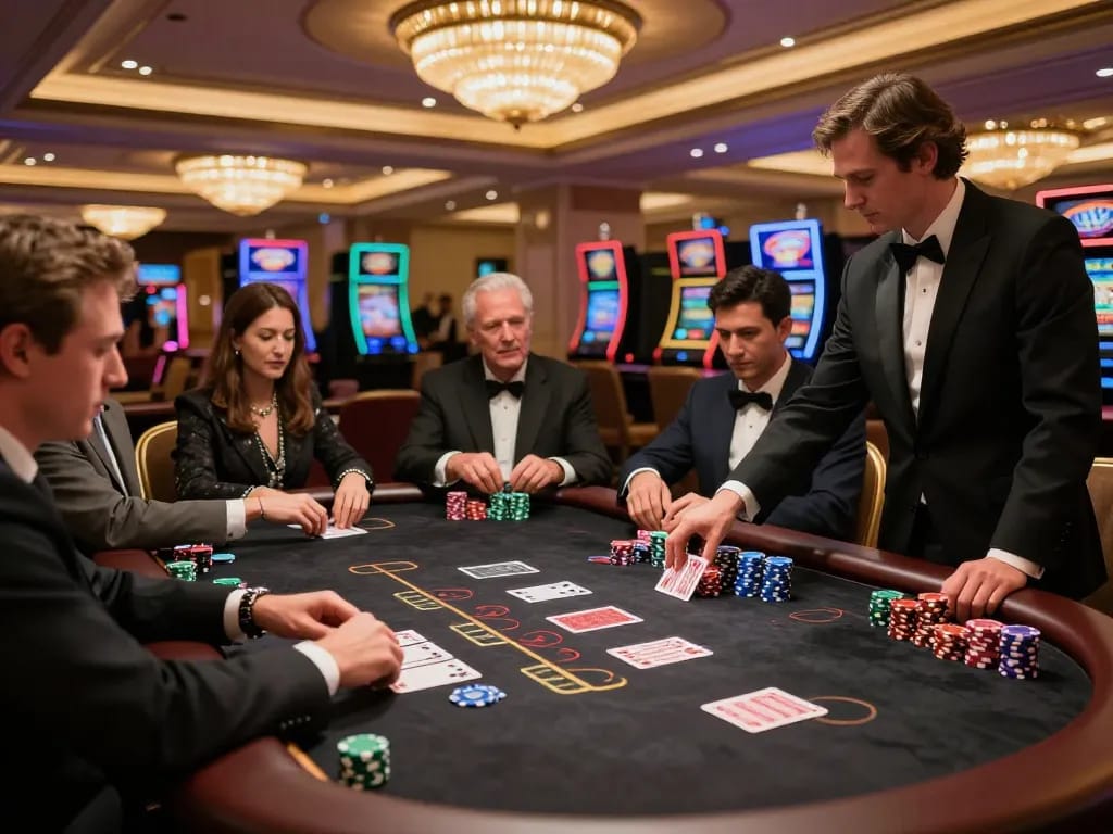 Players engaging at a blackjack table, showcasing strategic gameplay with sc 88 chips and cards in a luxurious casino.
