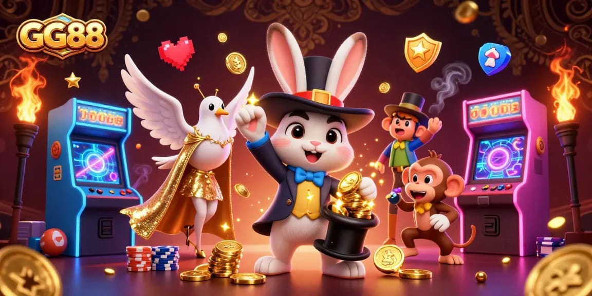 Engage in thrilling casino adventures with GG88 while a magician rabbit conjures golden coins.