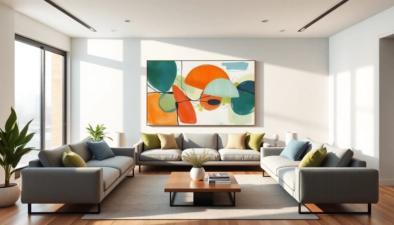 Verleihen Sie Ihrem Raum mit moderner Wandkunst im stilvollen Wohnzimmer eine besondere Note.