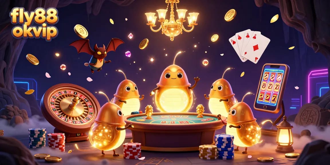 Experience the vibrant world of fly88 okvip where glowworms illuminate a casino filled with excitement and gaming elements.