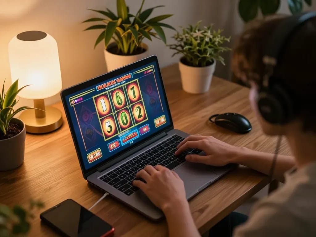 Man88 player engaging with slot game on laptop, creating a cozy home gaming atmosphere.