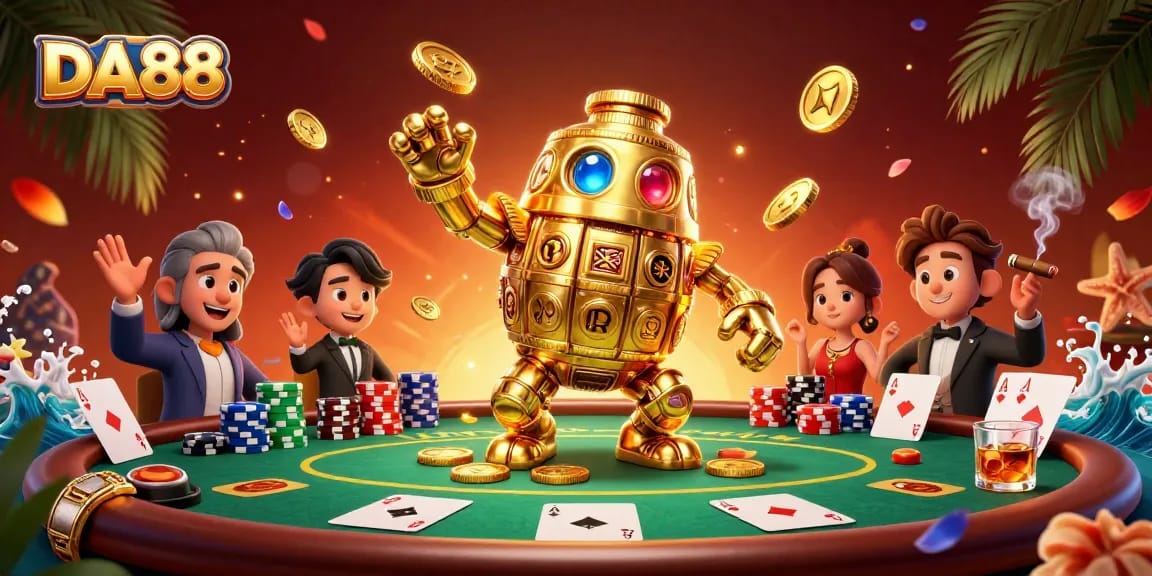 Experience thrilling gameplay at DA88 with a golden golem surrounded by poker chips and cards.
