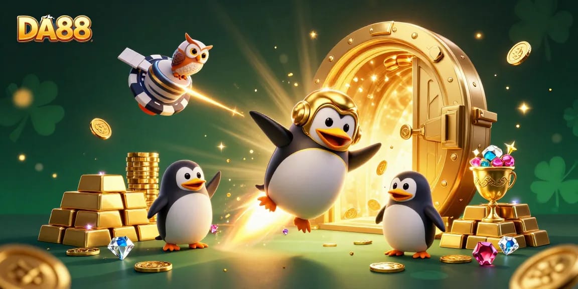 DA88 showcases a thrilling casino scene with a golden penguin and treasure elements.