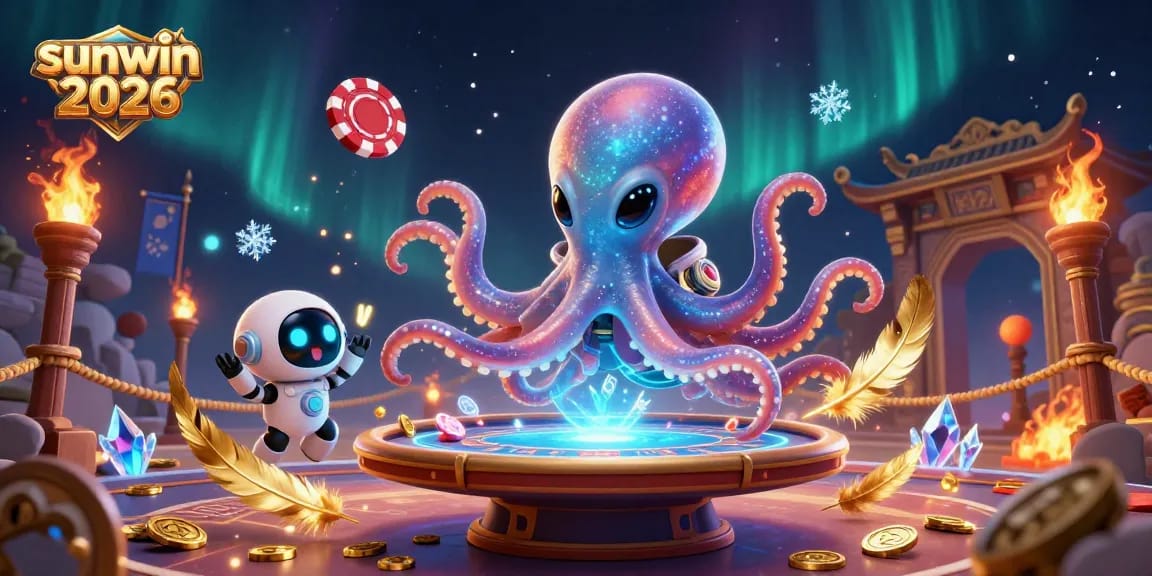 Experience gaming excitement at sunwin 2026 with a playful alien octopus and floating poker table.