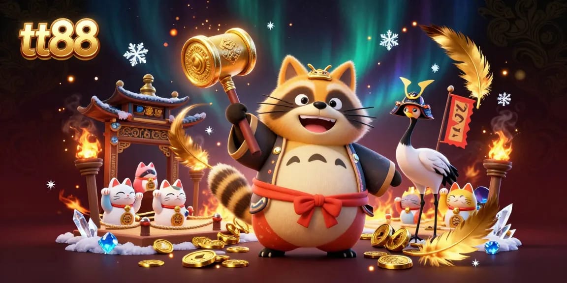 Engage with the vibrant world of tt88 as the joyful tanuki celebrates fortune surrounded by lucky symbols.