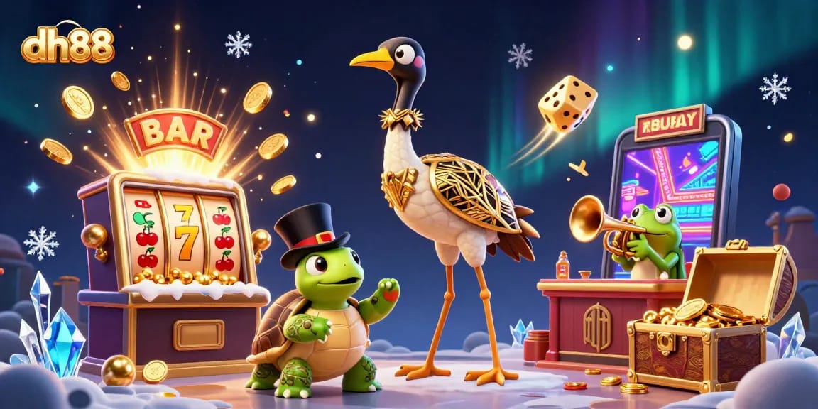 Experience the excitement of dh88 with lively characters in a dynamic casino scene featuring slots and jackpots.