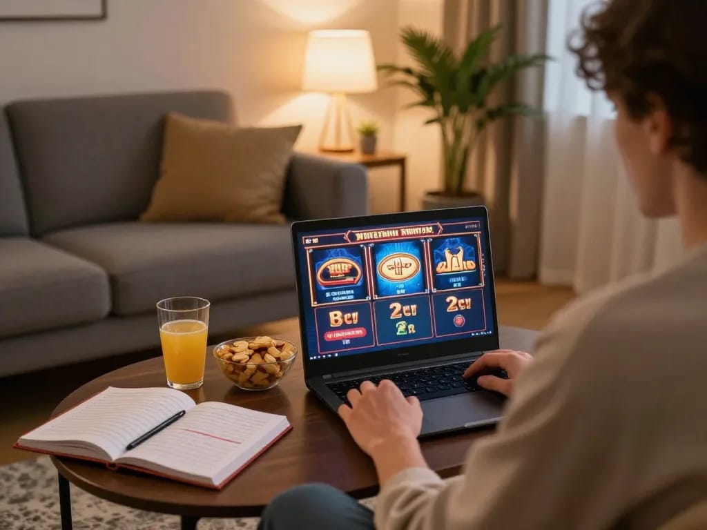 Playing online slots at https://3win2026.com/ in a cozy home setting with snacks and drinks.