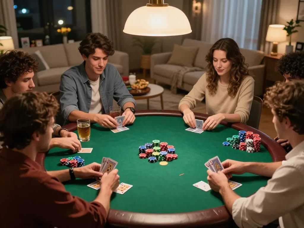 Friends enjoying poker night while using u888 for betting strategies at home.