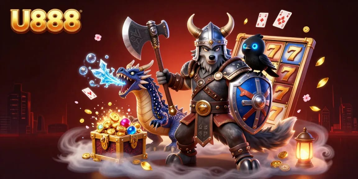 U888 slots scene featuring a Viking warrior and a fierce dragon celebrating jackpot wins.