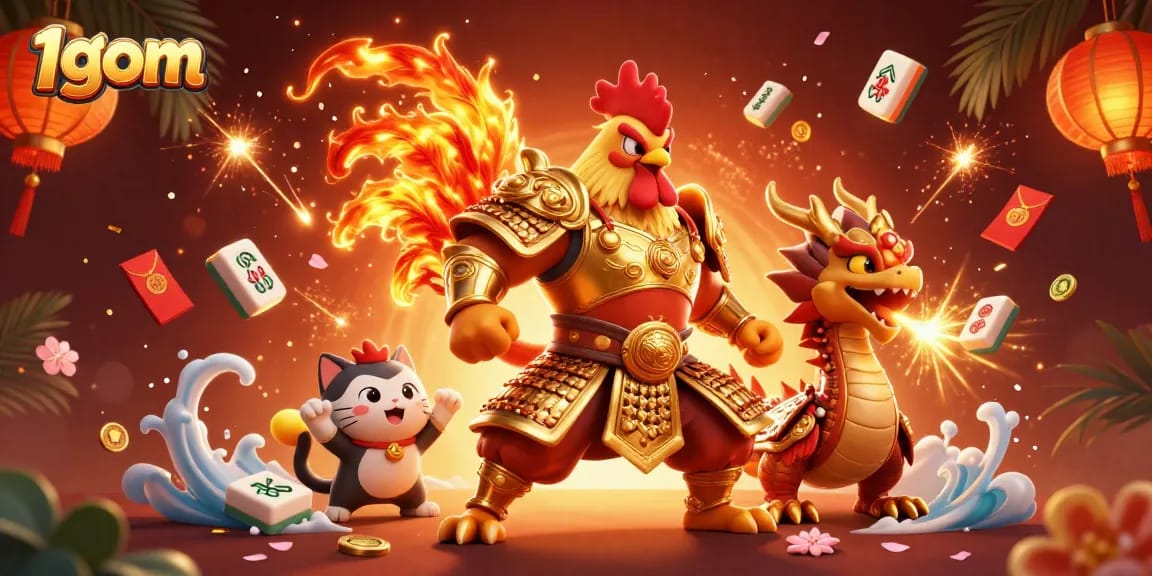 Experience thrilling action with 1gom's fighting rooster warrior and armored dragon in a festive casino scene.