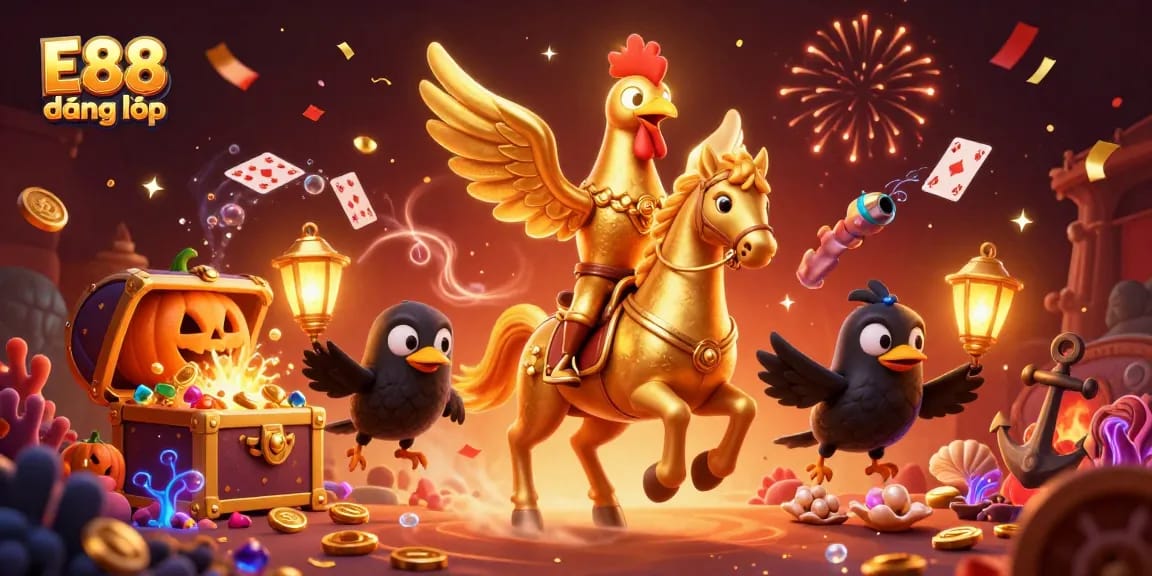 Experience dynamic E88 đăng nhập with a golden rooster riding through a vibrant casino scene filled with rich game elements.