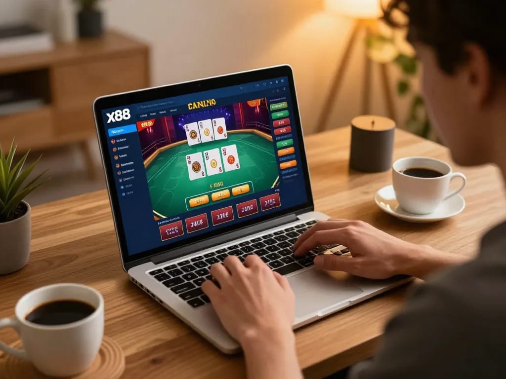 x88 online gambler engaged in live dealer game from cozy home setup