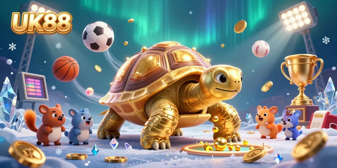 Engage with UK88's vibrant online casino fun featuring animated gold tortoise and sports themes.