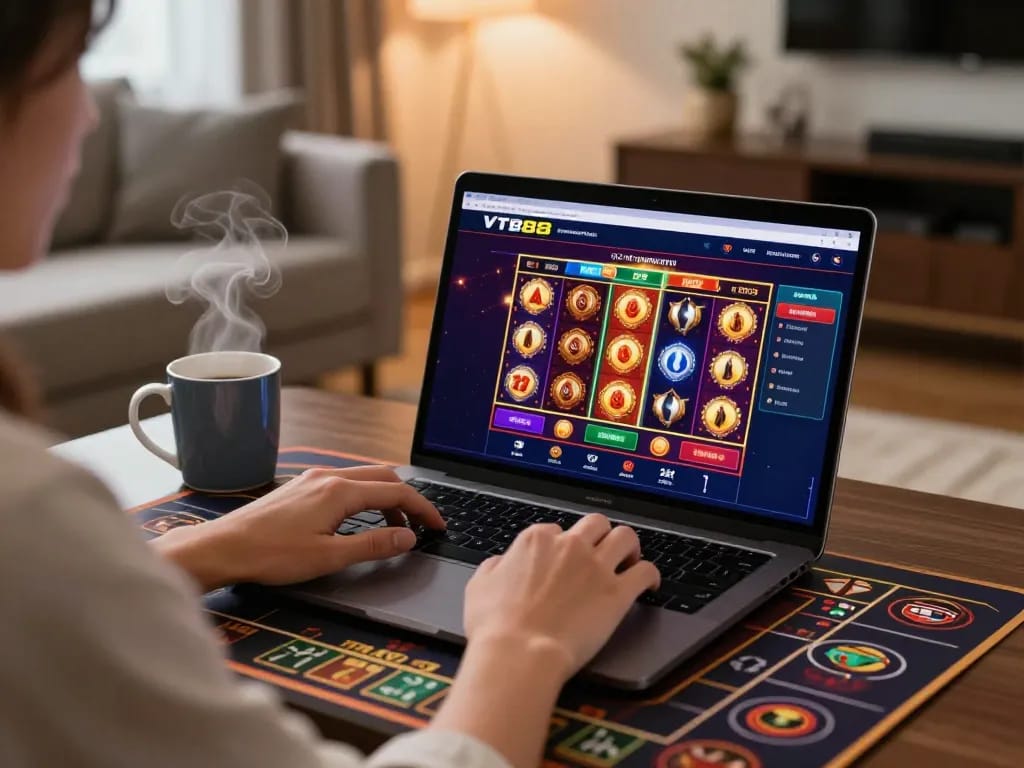 Player enjoying the VT88 online casino experience on a laptop at home, showcasing vibrant game interface and lifestyle setting.