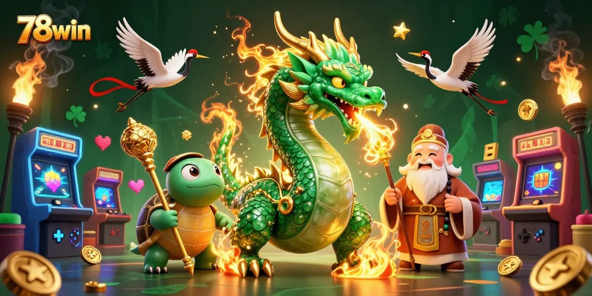 Experience the thrill of 78win with a jade dragon, turtle, and lucky cranes in a vibrant casino scene.
