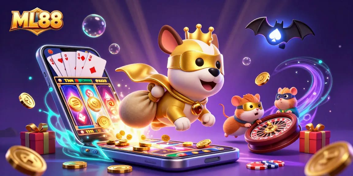 ML88 gaming action with a superhero dog and sidekick amidst vibrant casino elements