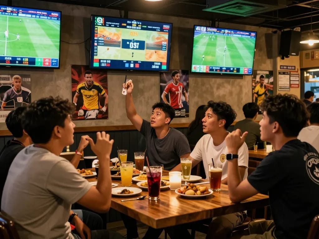 Soi kèo 365 betting scene at packed sports bar with fans enjoying live soccer.