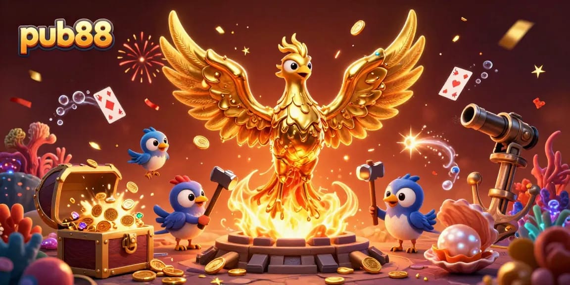 Experience the excitement of pub88 with a golden phoenix and coins in a vibrant casino illustration.