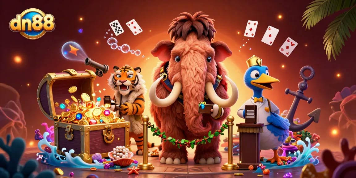 dn88 bounces players into action with vibrant, 3D casino scene featuring daring characters and dynamic gaming elements.