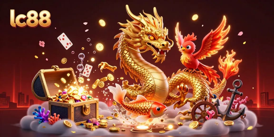 Engage with the thrilling lc88 casino experience featuring a golden dragon, phoenix, and koi amidst dynamic gaming elements.