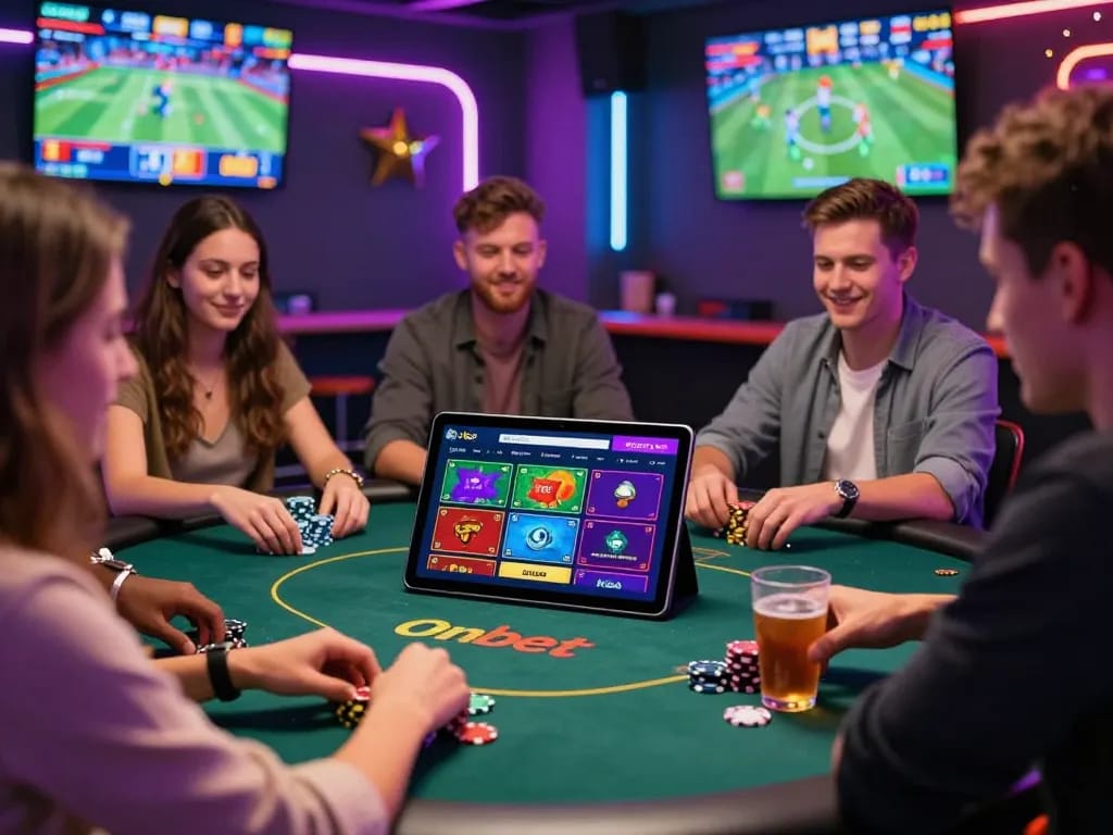 Players enjoying the Onbet platform in a lively casino environment, showcasing vibrant games and a festive atmosphere.