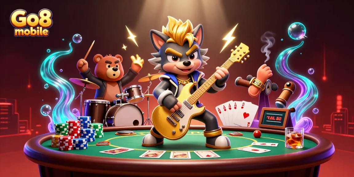 Engage with Go8 mobile gaming experience featuring a cartoon rock star wolf and vibrant casino elements.