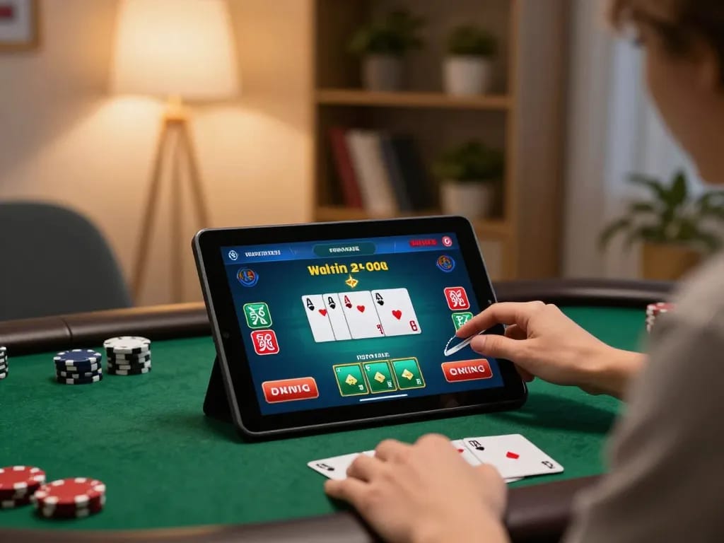 Playing poker online at home with tablet, exploring qq88 có uy tín không through engaging gameplay.