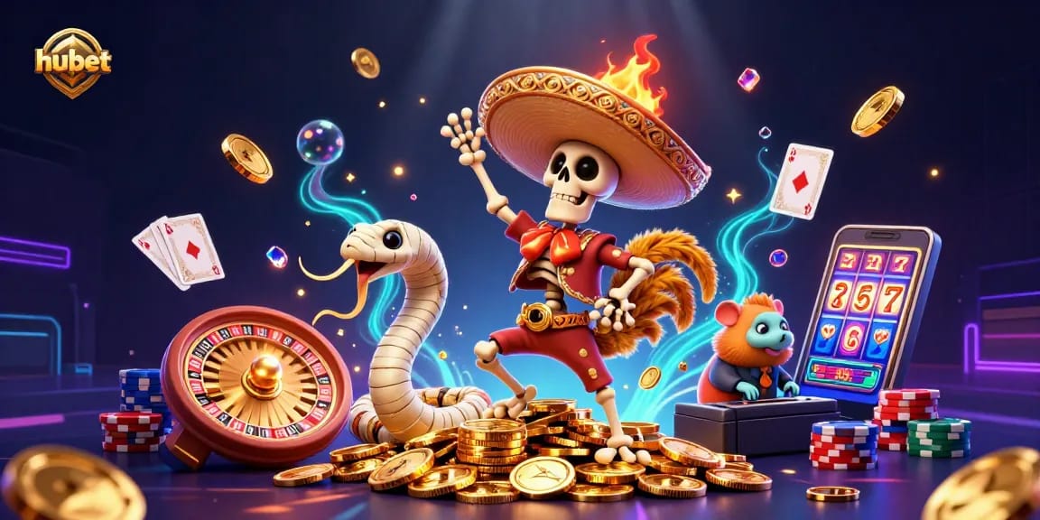 Engage in thrilling casino fun with hubet featuring vibrant characters, gold coins, and exciting game elements.