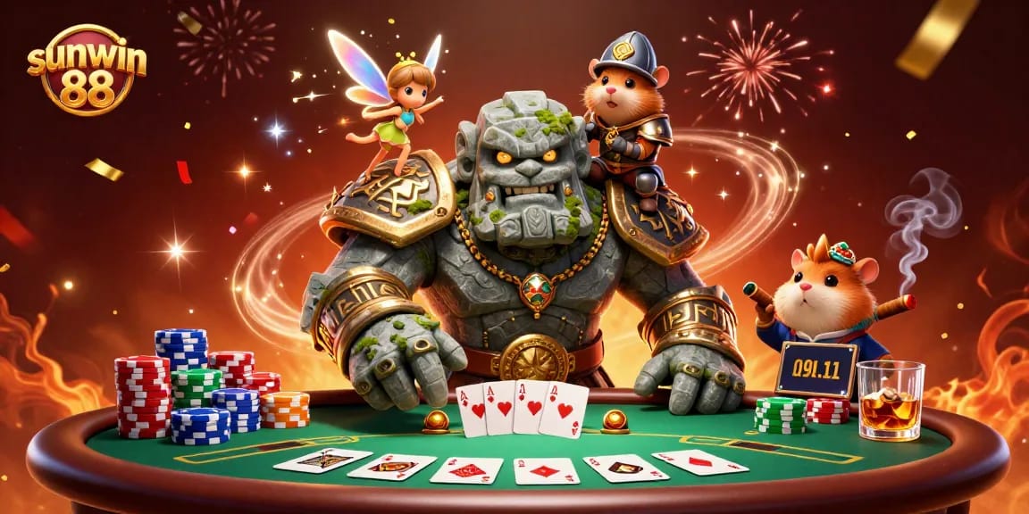 Experience thrilling wins at sunwin 88 with a vibrant fantasy casino scene featuring unique characters and dynamic gameplay elements.