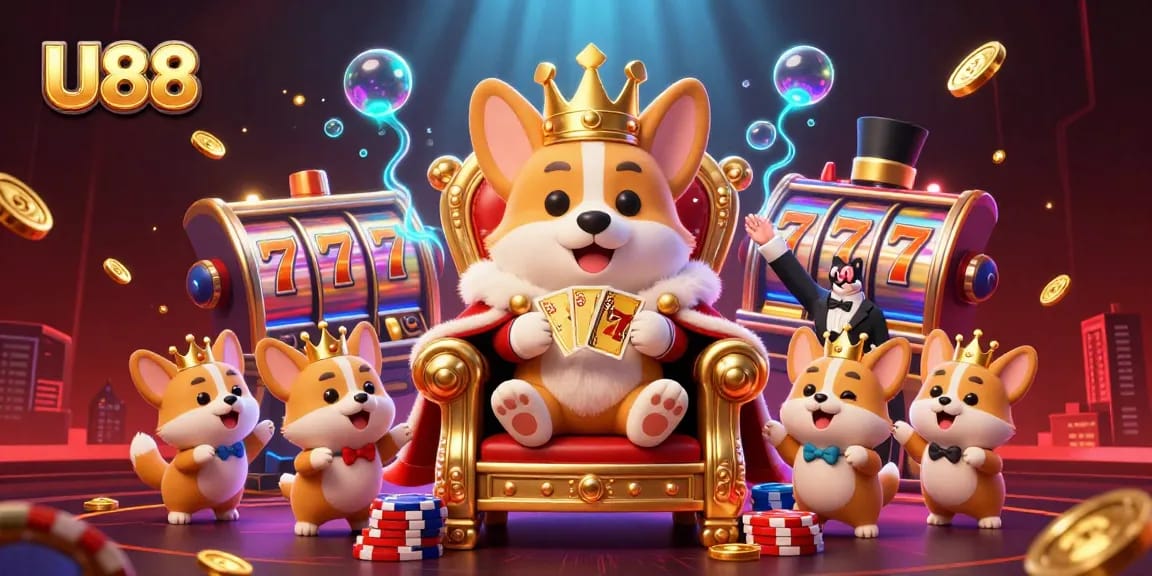 U88 offers an exciting casino experience with a royal corgi surrounded by thrilling slot reels.