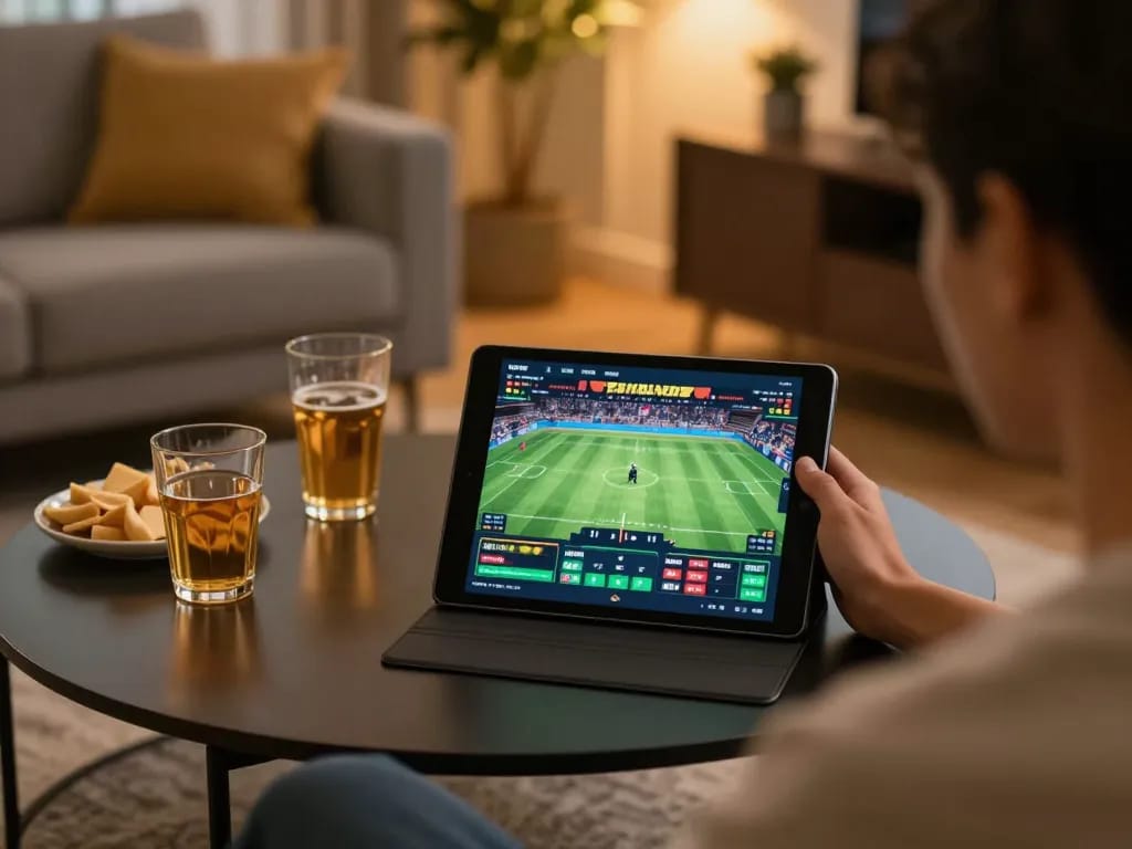 Engaging in live sports betting with Jeetbuzz on a tablet in a cozy home environment.