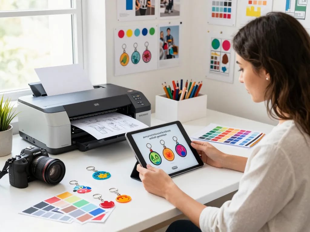 Creating personalized acryl schlüsselanhänger selbst gestalten in a vibrant e-commerce studio with colorful samples and design tools.